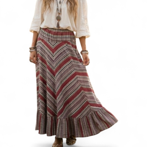 avatar Dresses & Skirts - Avatar Boho Chevron Striped Maxi Skirt | Ruffle Hem Elastic Waist Festival